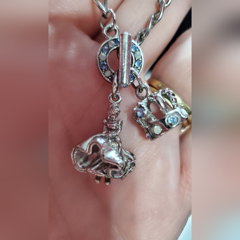 Disney princess and crown bracelet silvertone blue and white stones tbar closure